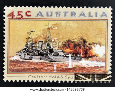 AUSTRALIA - CIRCA 1993: A stamp printed in Australia shows Second World War Naval Vessels. H.M.A.S Sydney II (Cruiser), circa 1993