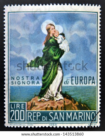SAN MARINO - CIRCA 1966: stamp printed in San Marino shows Our Lady of Europe, circa 1966