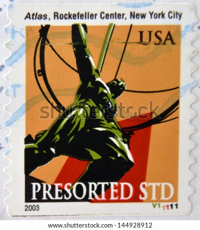 UNITED STATES OF AMERICA - CIRCA 2003: A stamp printed in USA shows Atlas in Rockefeller Center, New York City, circa 2003