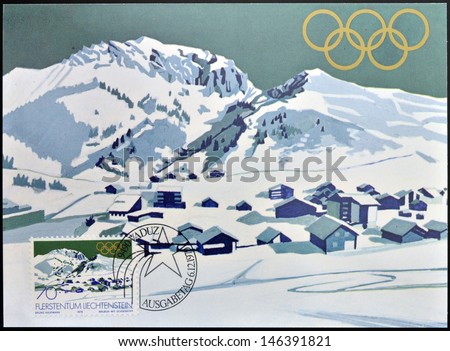 LIECHTENSTEIN - CIRCA 1979: A stamp printed in Liechtenstein dedicated to winter olympics at Lake Placid 1980 shows Malbun with Ochesenkopf (ox head) mountain, circa 1979