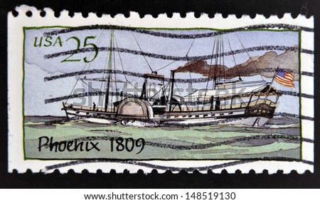 UNITED STATES OF AMERICA - CIRCA 1989: A stamp printed in USA shows Ship Phoenix (1809), Steamboats series, circa 1989