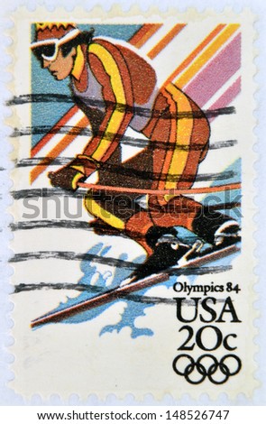 UNITED STATES OF AMERICA - CIRCA 1984: A stamp printed in USA shows slalom, Winter Olympic Games, circa 1984