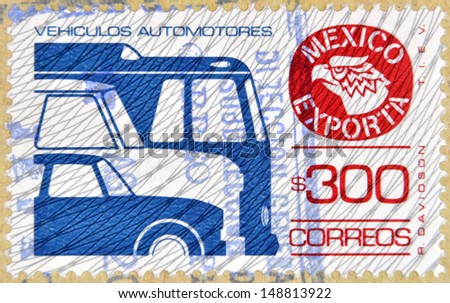 MEXICO - CIRCA 1988: a stamp printed in Mexico shows Motor Vehicle, Mexican Export, circa 1988