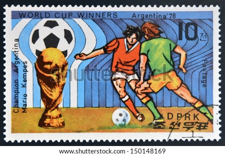 NORTH KOREA - CIRCA 1978: a stamp printed in North Korea shows football players, World football cup in Argentina, circa 1978