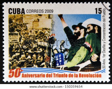 CUBA - CIRCA 2009: A stamp printed in cuba dedicated to 50 anniversary of the triumph of the revolution, shows first parade and concentration of people, circa 2009