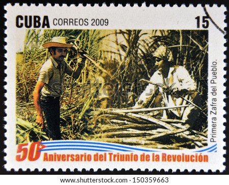 CUBA - CIRCA 2009: A stamp printed in cuba dedicated to 50 anniversary of the triumph of the revolution, shows first harvest of the people, circa 2009