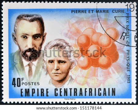 CENTRAL AFRICAN REPUBLIC - CIRCA 1977: stamp printed in Central African Republic, shows Nobel Prize, Pierre and Marie Curie, circa 1977
