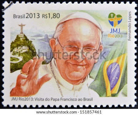 BRAZIL - CIRCA 2013: a stamp printed in Brazil commemorative of pope Francis I visit to the World Youth Day 2013 held in Rio de Janeiro, circa 2013.