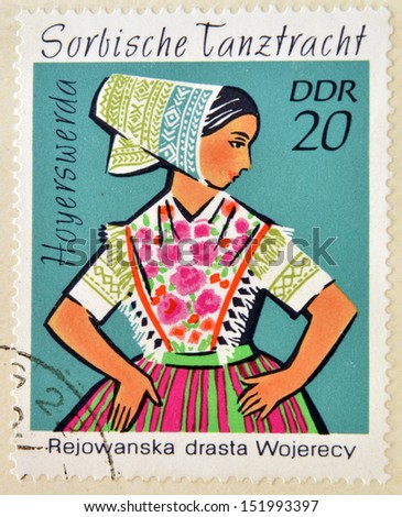 EAST GERMANY- CIRCA 1971: stamp printed in Germany shows Dance Costume, circa 1971.