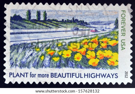 UNITED STATES OF AMERICA - CIRCA 2012: A stamp printed in USA dedicated to Lady Bird Johnson, shows Plant for more Beautiful Highways, circa 2012
