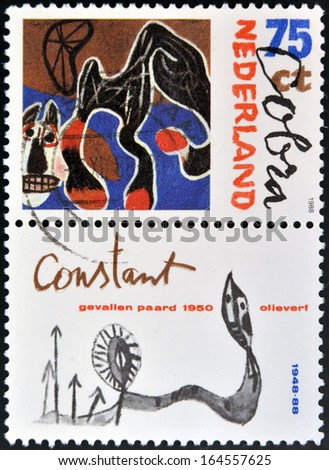 HOLLAND - CIRCA 1988: A stamp printed in Netherlands shows  Fallen Horse  Painting by Constant, Artist Belonging to Cobra, circa 1988