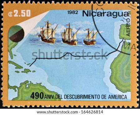 NICARAGUA - CIRCA 1982: A stamp printed in Nicaragua dedicated to discovery of America by Christopher Columbus, circa 1982