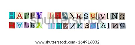 Happy Thanksgiving formed with magazine letters on a white background