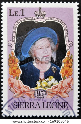 SIERRA LEONE - CIRCA 1985:  A stamp printed in sierra Leone shows the Queen Mother, Mother of Queen Elizabeth 2nd, circa 1985