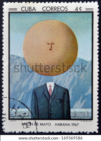 CUBA - CIRCA 1968: Stamp printed in Cuba commemorative to May Salon, 1967, shows  The Art of Living by R. Magritte, circa 1968