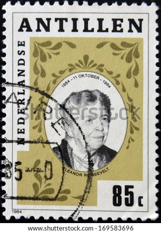NETHERLANDS ANTILLES - CIRCA 1984: A stamp printed in Netherlands Antilles shows Eleanor Roosevelt