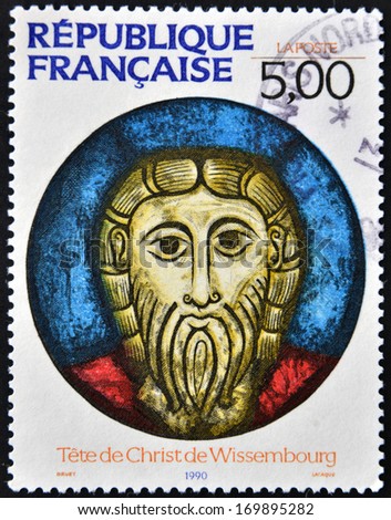 FRANCE - CIRCA 1990: A stamp printed in France shows The head of Christ, Wissembourg, circa 1990