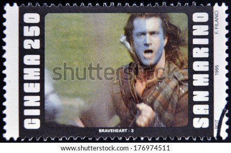 SAN MARINO - CIRCA 1995: A stamp printed in San Marino shows scene from the movie Braveheart, circa 1995