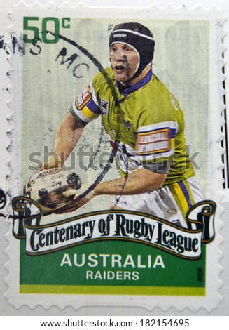 AUSTRALIA - CIRCA 2008: A stamp printed in australia dedicated to centenary of rugby league, shows raiders, circa 2008