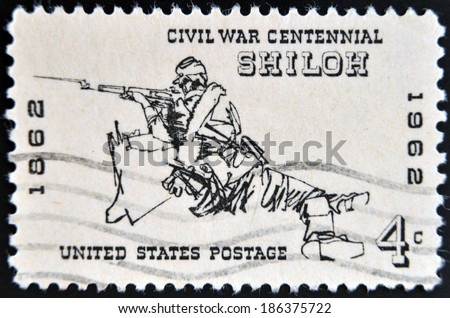 USA - CIRCA 1962: a stamp printed in the United States of America shows soldier from American civil war in the Battle of Shiloh, circa 1962