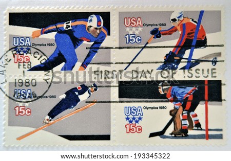 USA - CIRCA 1980: stamps printed in USA, dedicated to the 13th Winter Olympic Games, Lake Placid, circa 1980