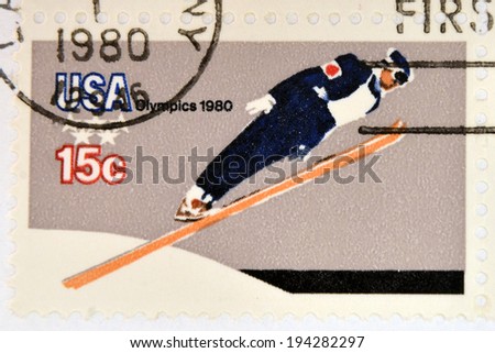 USA - CIRCA 1980: stamp printed in USA dedicated to the 13th Winter Olympic Games, Lake Placid, circa 1980