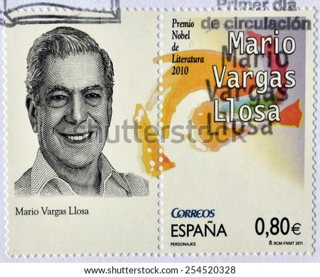 SPAIN - CIRCA 2011: a stamp printed in Spain showing an image of Nobel prize winner Mario Vargas Llosa, circa 2011.