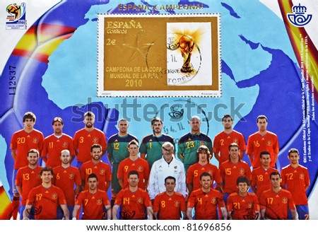 SPAIN - CIRCA 2010: A stamp printed in the Spain, showing Spanish football World Cup Champion 2010 FIFA football, circa 2010