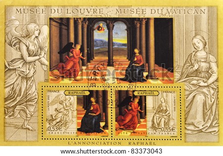FRANCE - CIRCA 2005: A stamp printed in France shows the famous painting The Annunciation Raphael, circa 2005