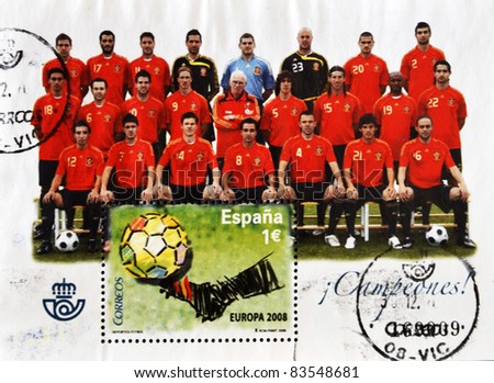 SPAIN - CIRCA 2008: A stamp printed in Spain shows the Spanish football champions of Europe, circa 2008