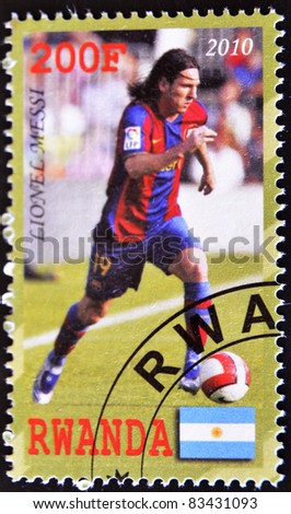 RWANDA - CIRCA 2010: A stamp printed in Rwanda shows  showing lionel messi, best player football in the world, circa 2010