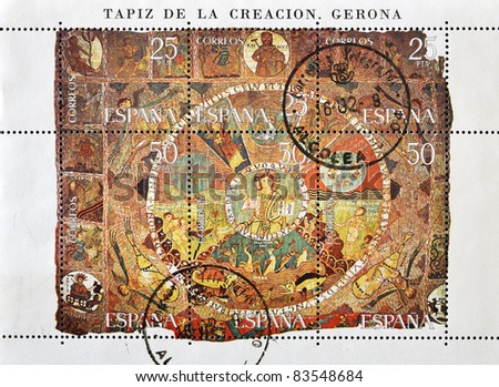 SPAIN - CIRCA 1980: A stamp printed in Spain shows the tapestry of creation, circa 1980