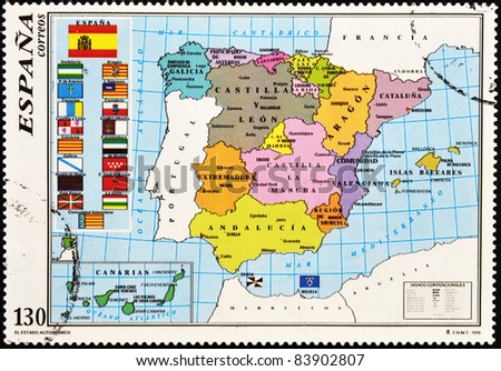 SPAIN - CIRCA 1996: A stamp printed in Spain shows the map of Spain with the Autonomous Communities, circa 1996