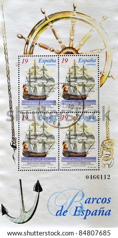 SPAIN - CIRCA 1995: A stamp printed in Spain shows vintage boat, series, circa 1995