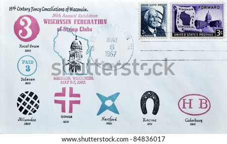 UNITED STATES OF AMERICA - CIRCA 1967: A stamp printed in USA shows 19th century fancy cancellations of Wisconsin, postcard, circa 1967
