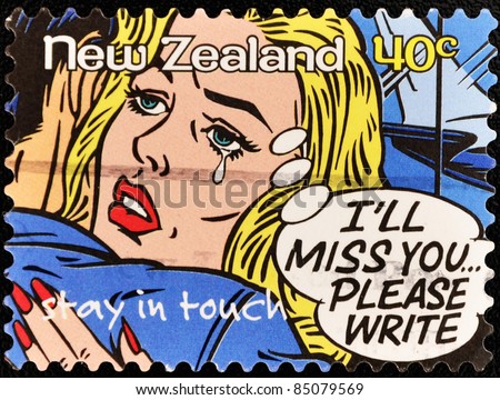 NEW ZEALAND - CIRCA 1998:  A stamp printed in New Zealand shows the drawing of an embracing couple that says I\'ll miss you ... Please write, circa 1998