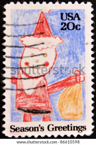UNITED STATES - CIRCA 1980 : A stamp printed in United States. A child drawing of Santa Claus. United States - CIRCA 1980