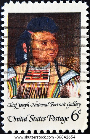 UNITED STATES OF AMERICA - CIRCA 1968: A stamp printed in USA shows Chief Joseph (1840-1904), a leader of the Nez Perce Indians in Oregon, circa 1968.