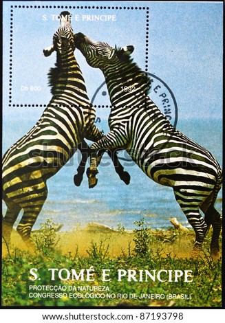 SAO TOME AND PRINCIPE - CIRCA 1992: A stamp printed in Sao Tome and Principe shows two zebras, circa 1992