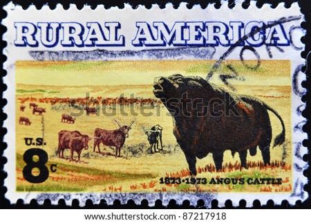 UNITED STATES OF AMERICA - CIRCA 1973: A stamp printed in USA shows angus cattle in reference rural america, circa 1973