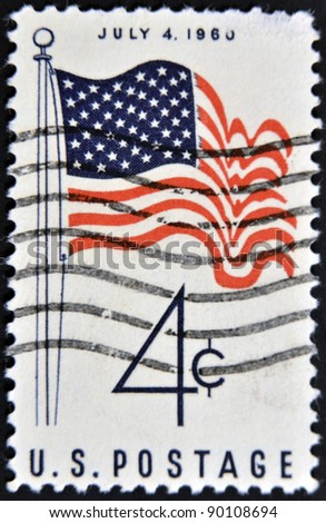USA - CIRCA 1960: A stamp printed by USA shows the USA Flag, july 4, circa 1960.