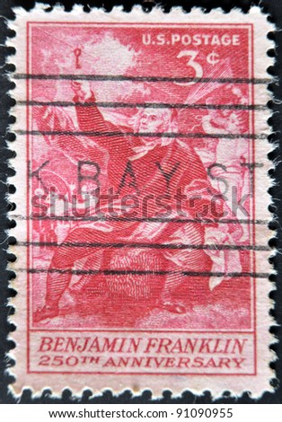 UNITED STATES OF AMERICA - CIRCA 1956: A stamp printed in the USA shows image of President Benjamin Franklin, circa 1956