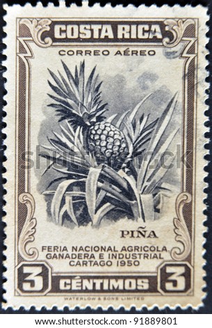 COSTA RICA - CIRCA 1950: A stamp printed in Costa Rica dedicated to agricultural fair, livestock and industrial Carthage, shows a pineapple, circa 1950