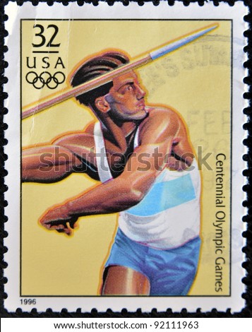 USA - CIRCA 1996: A stamp dedicated to centennial olympic games, shows man throwing the javelin, circa 1996.
