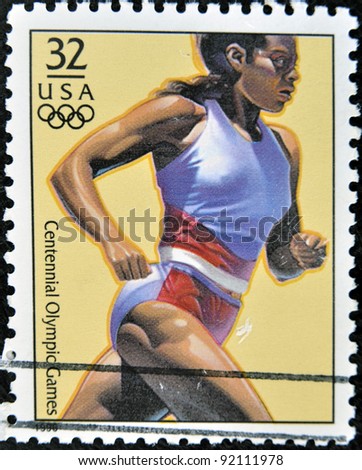 USA - CIRCA 1996: A stamp dedicated to centennial olympic games, shows woman running, circa 1996.