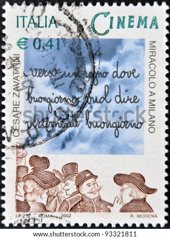 ITALY - CIRCA 2002: A stamp printed in Italy dedicated to film miracle in Milan, circa 2002