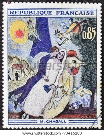 FRANCE - CIRCA 1963: A stamp printed in France shows the work The Bride and Groom of the Eiffel Tower by Marc Chagall, circa 1963