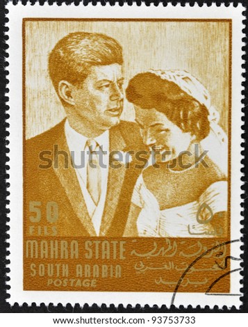 SOUTH ARABIA - CIRCA 1967: stamp printed by South Arabia, shows Wedding of John Fitzgerald Kennedy and Jacqueline, circa 1967