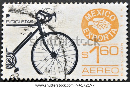 MEXICO - CIRCA 1975: A stamp printed in Mexico dedicated to export of bicycles from mexico, circa 1975