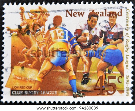 NEW ZEALAND - CIRCA 1995: A stamp printed in New Zealand dedicated to centenary of rugby league, circa 1995